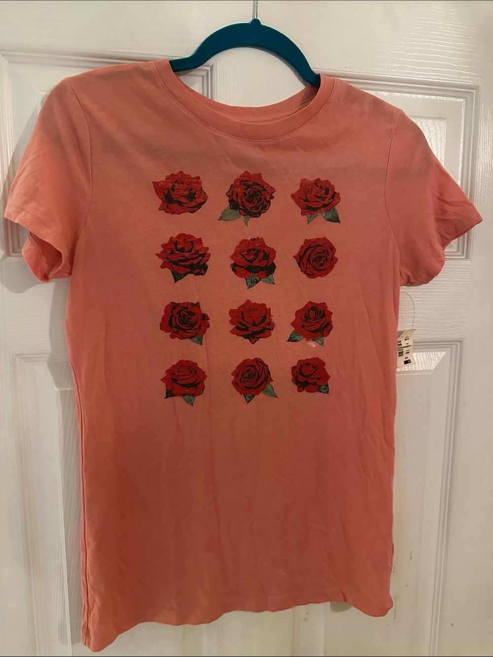 Coral Pink Short Sleeve Tee with Red Rose Grid